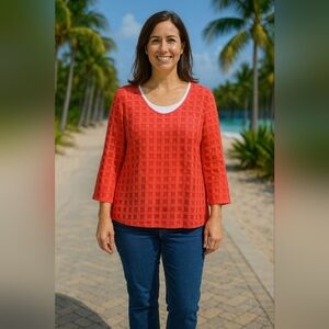 XL Etcetera Coral Sheer Textured Blouse Grid Pattern Old Money Beach Vacation